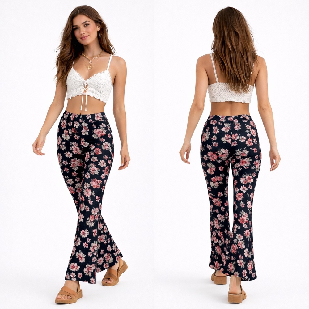 Free People Rita Black Floral Flare Pant Legging Boho
